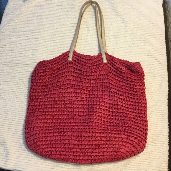 Handbags - Woven Large Pink, straw bag, tote, gold handles